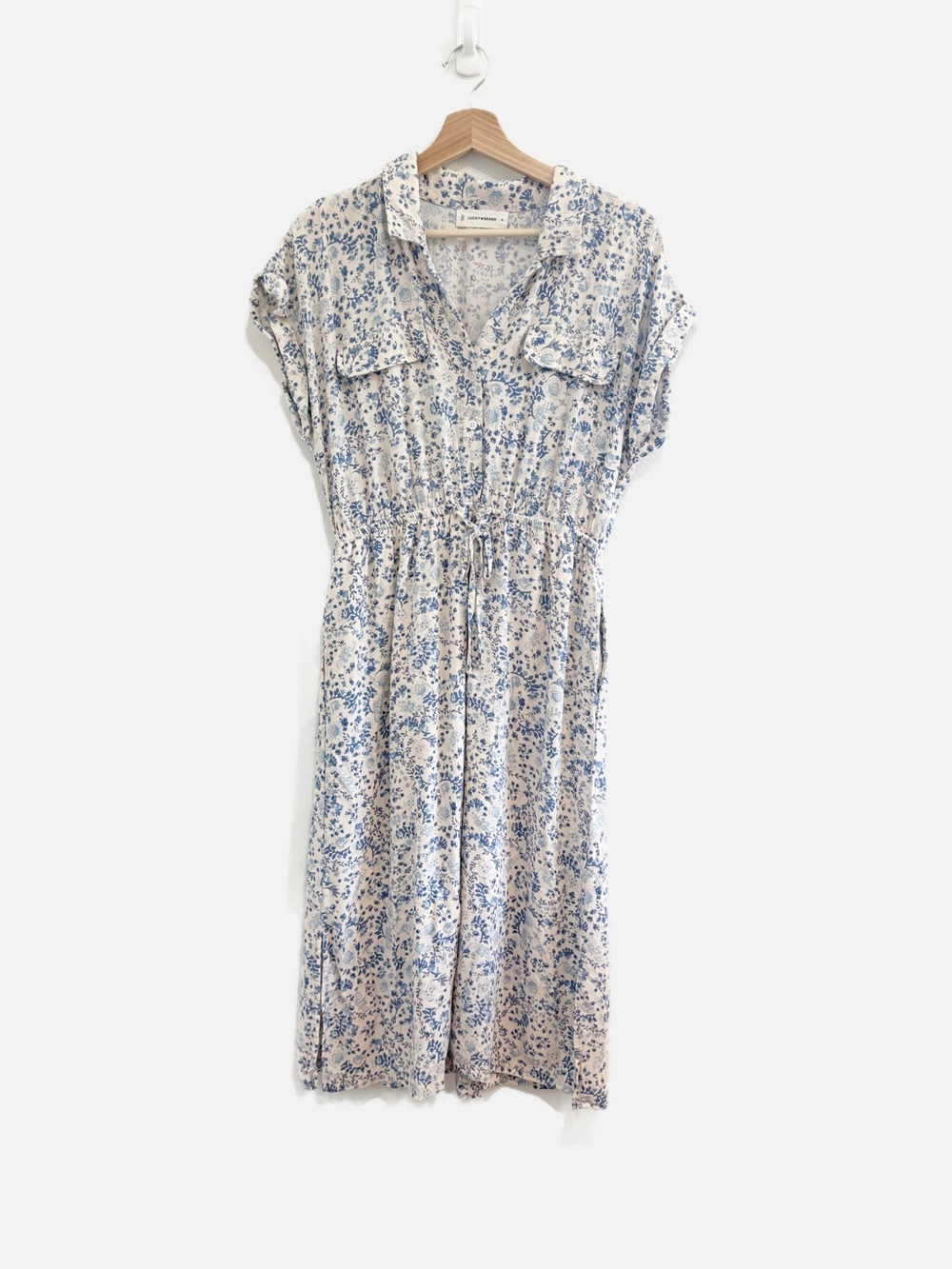 Lucky Brand Blue & White Floral Midi Dress Elastic Waist Prairie Women’s Medium